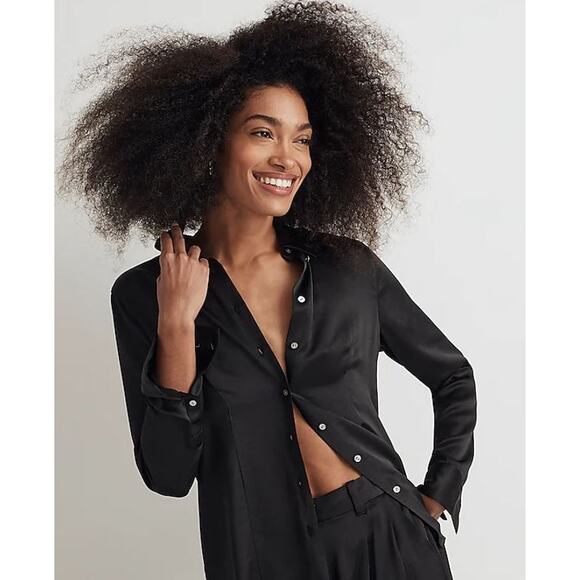 NWT Madewell Satin Darted Button-Up Shirt True Black Women's Size 14 #NN947 - Picture 2 of 13